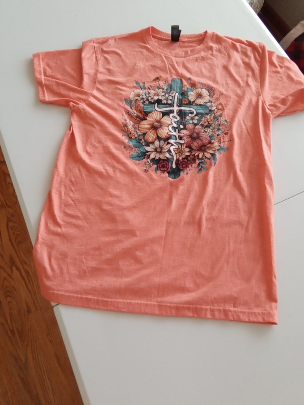 Gildan Coral Tee with Floral Cross Graphic